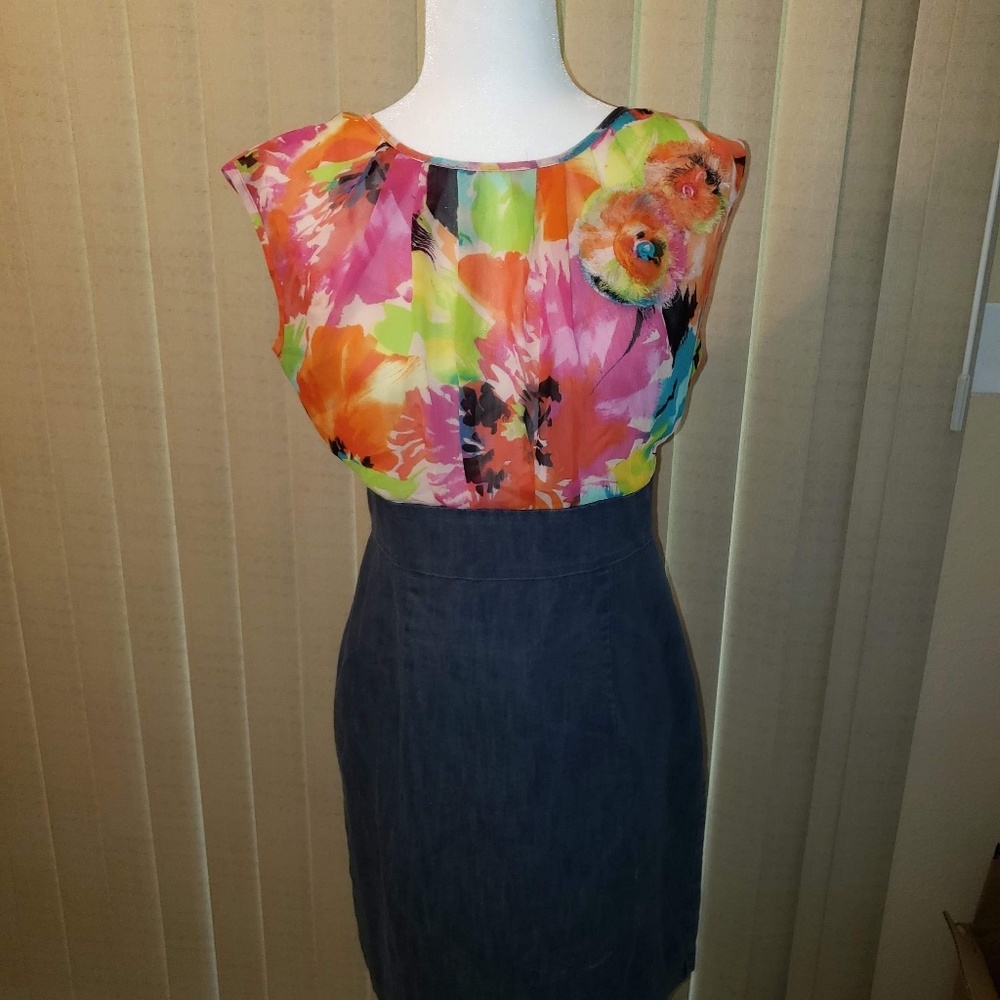 Denim Floral Top Pencil Dress Sz S
